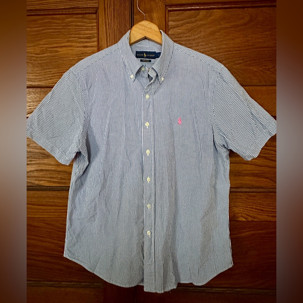 Ralph Lauren Men's Blue and White Seersucker Shirt